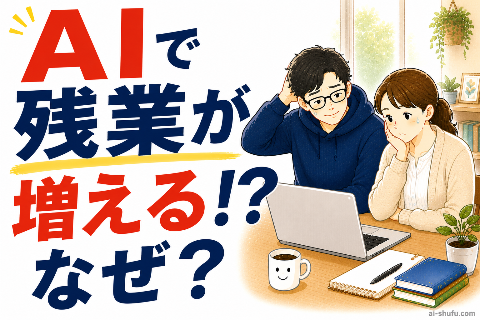 AIで残業が増える？なぜ？と考え込む先生のイラスト