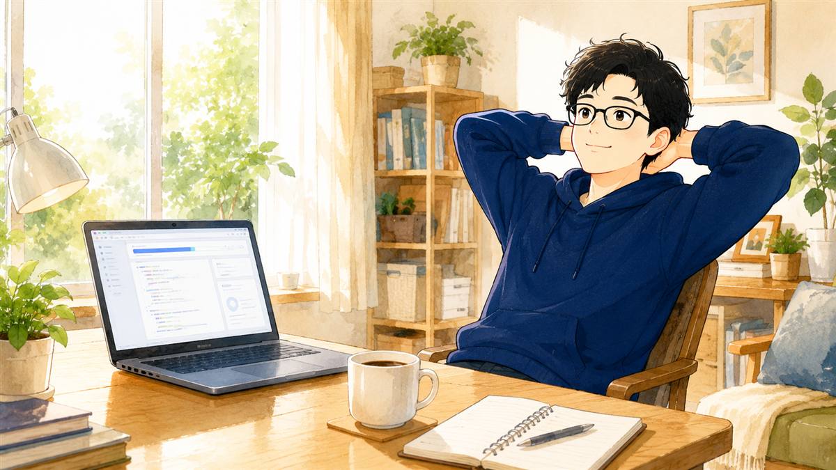 AIに作業を任せて、椅子にもたれてひと息つく男性