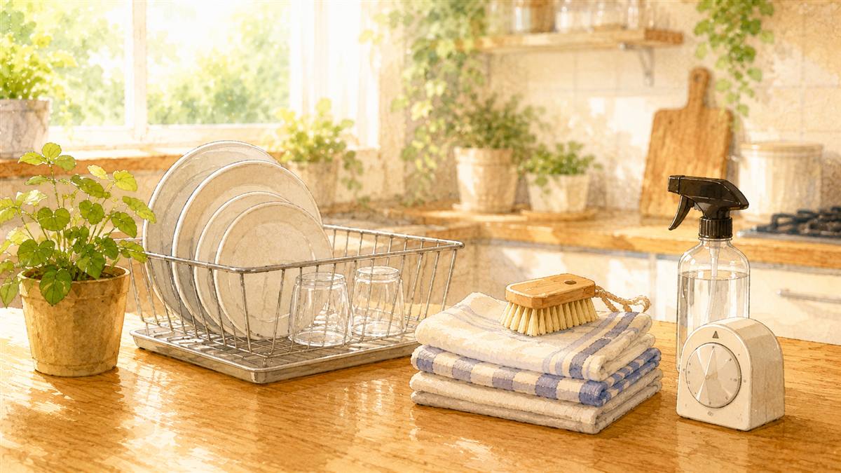 キッチンタイマーと、畳んだタオルや食器など5〜15分でできる小さな家事の道具